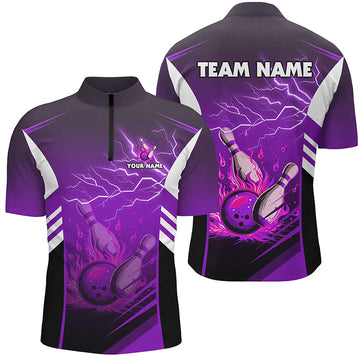 Men's Purple Bowling Quarter Zip Shirt - Flame & Pins Theme N7479
