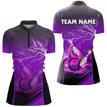 Women's Purple Bowling Quarter Zip Shirt - Flame Pins Theme N7479