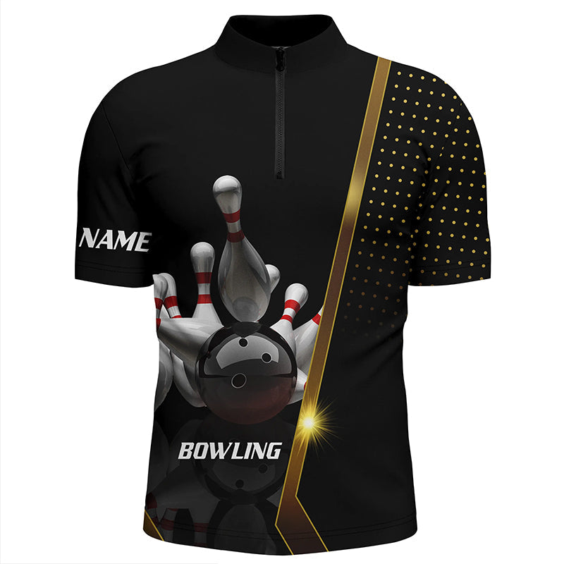 Men's Black & Gold Bowling Quarter-Zip Shirt - Custom Team Jersey N5947
