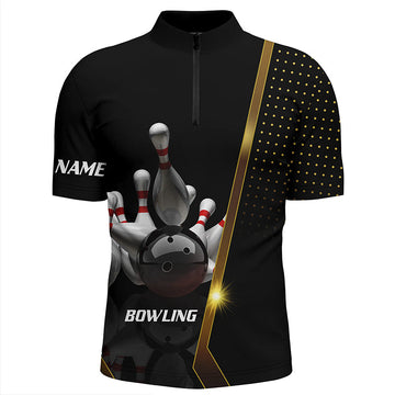 Men's Black & Gold Bowling Quarter-Zip Shirt - Custom Team Jersey N5947