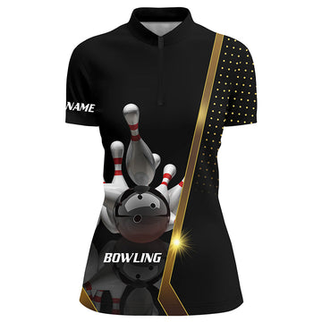 Personalised Women's Bowling Quarter-Zip Shirt - Black & Gold N5947