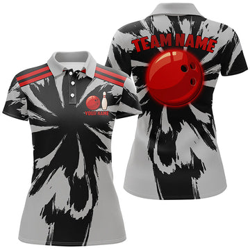Women's Black & Grey Bowling Polo, Quarter Zip Shirt, Custom Red Team Jersey N8057