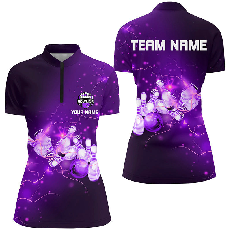 Women's Bowling Quarter-Zip Shirt - Custom Purple Thunder Team Jersey N7045