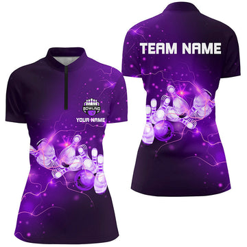 Women's Bowling Quarter-Zip Shirt - Custom Purple Thunder Team Jersey N7045