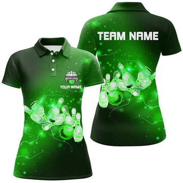 Women's Bowling Polo Shirt - Custom Green Thunder Lightning Team Jersey N7046