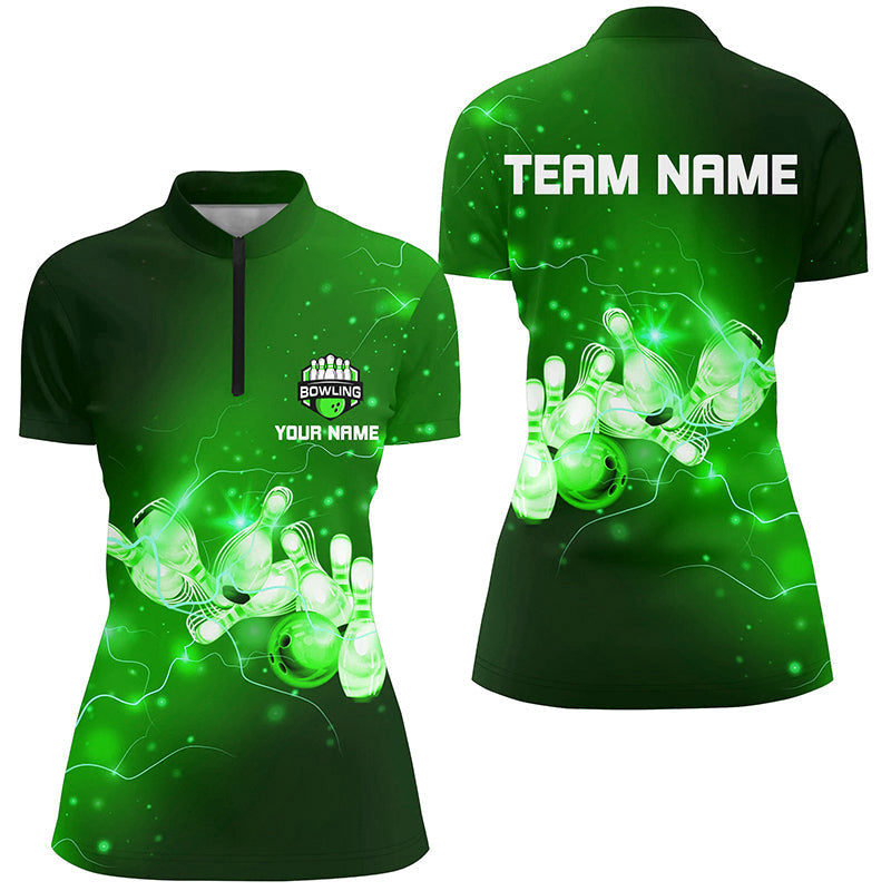 Women's Bowling Quarter-Zip Shirt - Custom Green Thunder Team Jersey N7046
