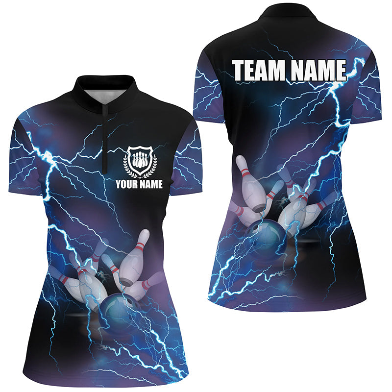 Women's Bowling Quarter Zip Jersey - Custom Blue Lightning Thunder N5244