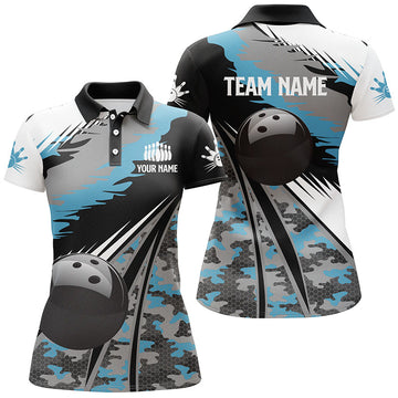 Women's Bowling Polo Shirt - Custom Black & Blue Camo Team Jersey N5247