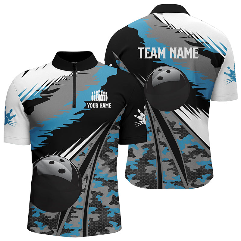 Men's Bowling Quarter Zip Jersey - Custom Black with Blue Camo N5247