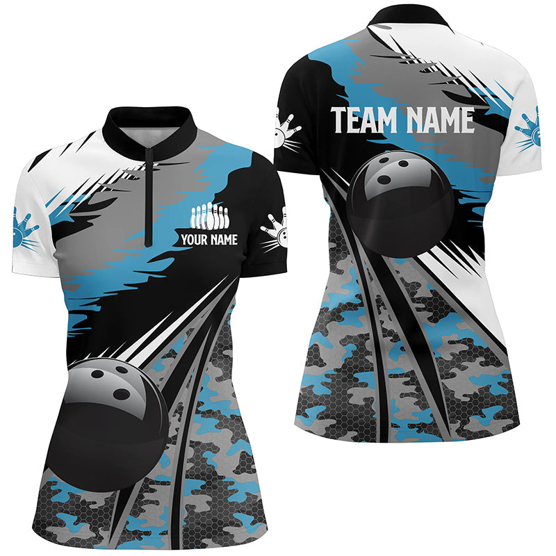 Women's Bowling Quarter Zip Jersey - Custom Black & Blue Camo N5247