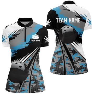 Women's Bowling Quarter Zip Jersey - Custom Black & Blue Camo N5247