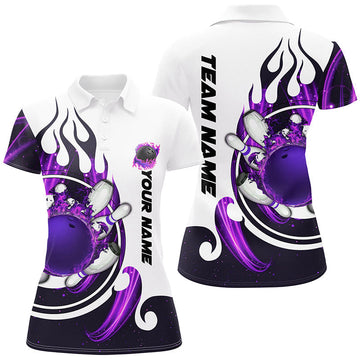 White Women's Bowling Polo with Custom Purple Flame Design N7634