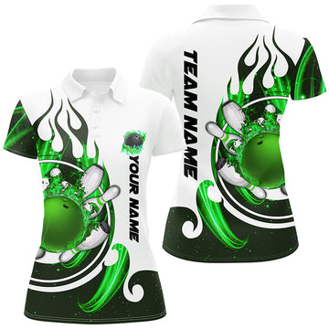 White Women's Bowling Polo with Green Flame Design N7635