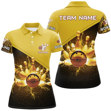 Women's Bowling Polo Shirt - Custom Gold Lightning Thunder Team Jersey N6383