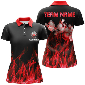 Red Flame Women's Bowling Polo Shirt - Black N5488