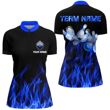 Women's Black Bowling Quarter-Zip Shirt - Blue Flame Team Jersey N5488
