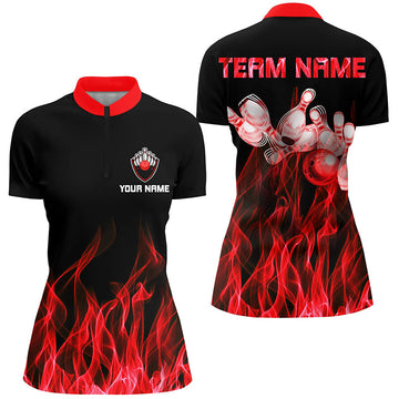 Women's Black Bowling Quarter-Zip Shirt with Red Flame Design N5488