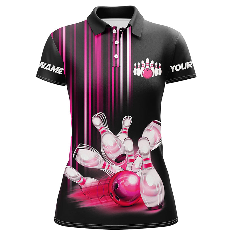 Women's Black & Pink Bowling Polo Shirt, Quarter Zip N8067