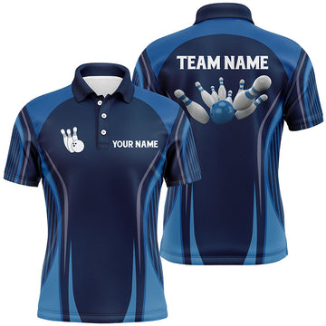 Men's Vintage Blue Bowling Polo Shirt - Custom Ball & Pins N6391