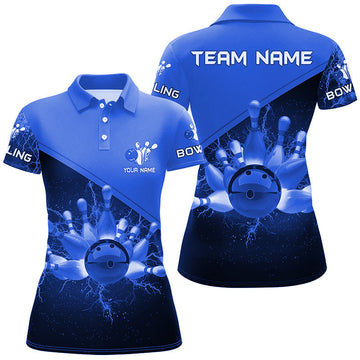 Women's Custom Blue Lightning Bowling Polo Shirt N6620