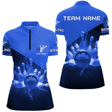 Women's Custom Blue Lightning Bowling Quarter Zip Jersey N6620