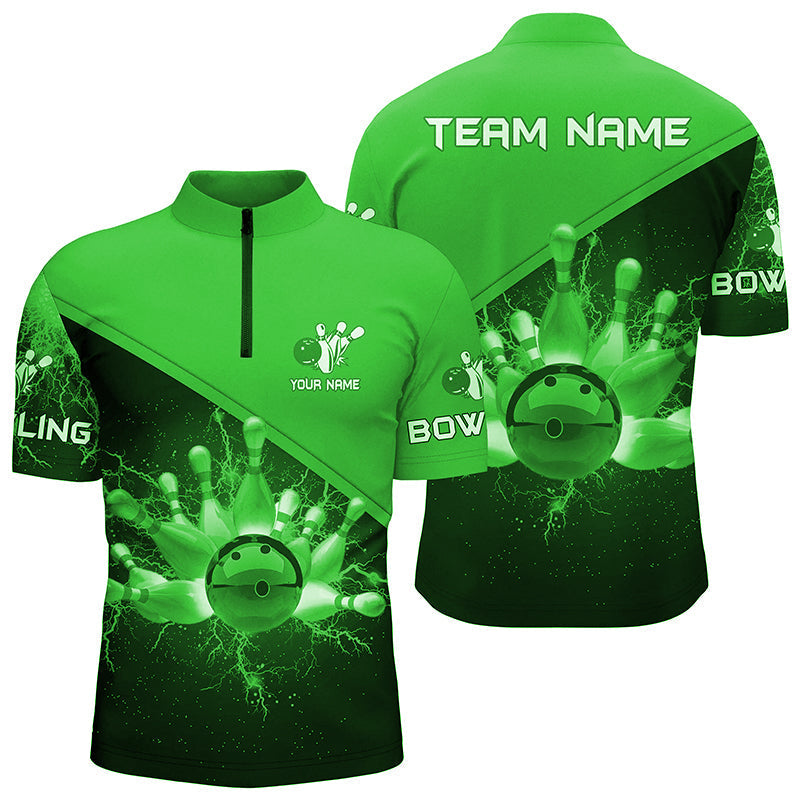 Men's Custom Green Lightning Thunder Bowling Quarter Zip Jersey N6621
