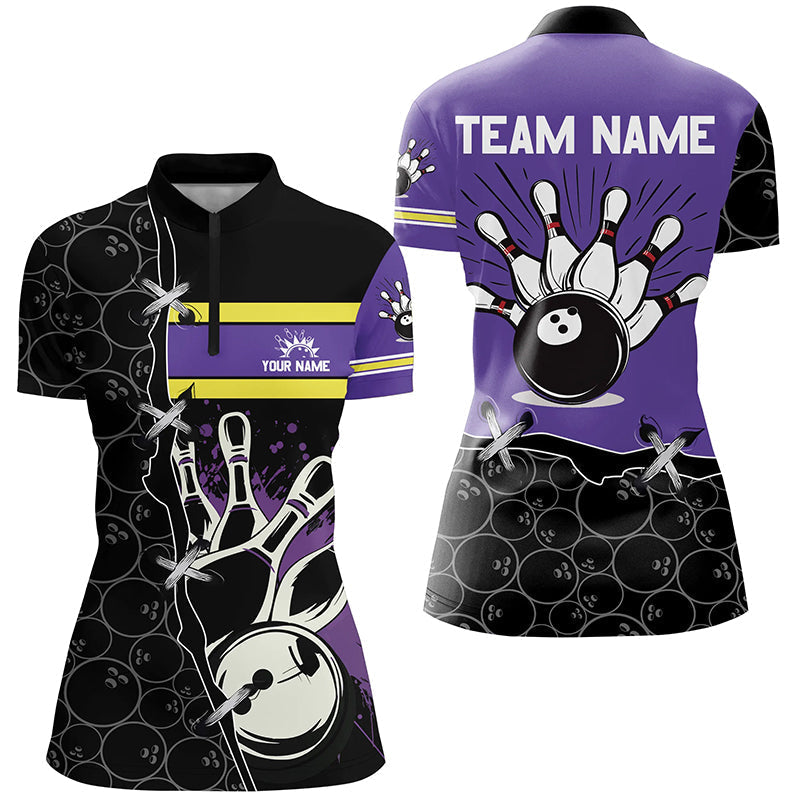 Women's Purple Camo Bowling Quarter Zip Shirt - Custom Team Jersey N7306