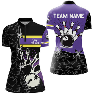 Women's Purple Camo Bowling Quarter Zip Shirt - Custom Team Jersey N7306