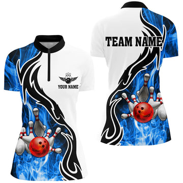 Women's Blue Bowling Quarter Zip Shirt - Custom Strike Team Jersey N6404