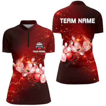 Women's Bowling Quarter-Zip Shirt - Custom Red Thunder Team Jersey N6637
