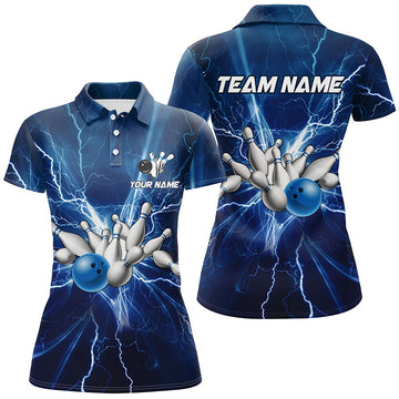 Women's Custom Blue Lightning Bowling Polo Shirt N6638