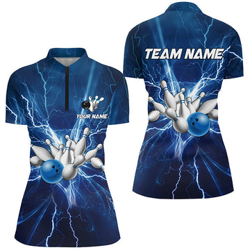 Women's Bowling Quarter Zip Jersey - Custom Blue Lightning Thunder N6638
