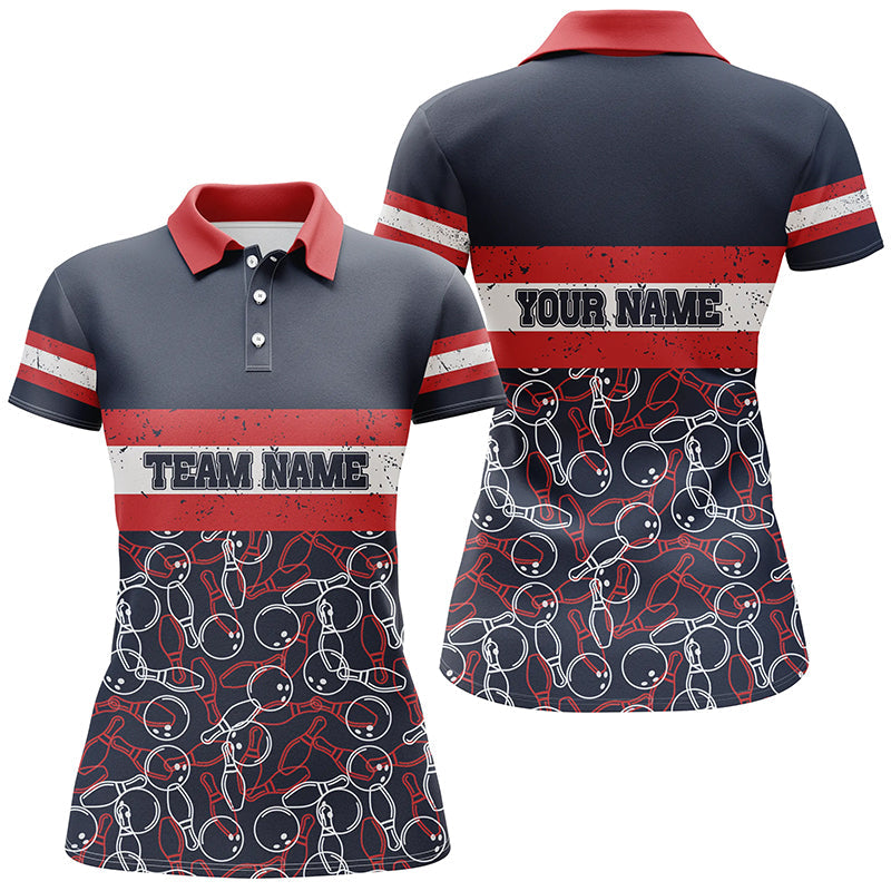 Women's Vintage Bowling Polo Shirt - Custom Name, Red & Blue N5274