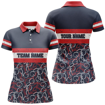 Women's Vintage Bowling Polo Shirt - Custom Name, Red & Blue N5274
