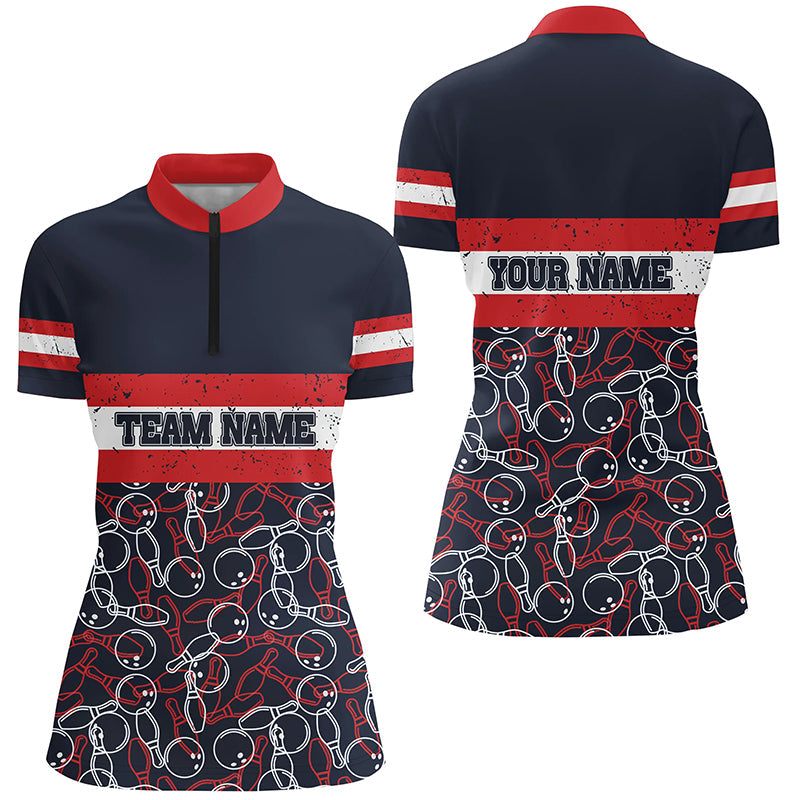 Women's Vintage Bowling Team Quarter Zip Shirt - Red & Blue N5274