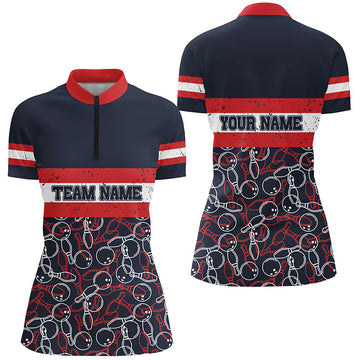 Women's Vintage Bowling Team Quarter Zip Shirt - Red & Blue N5274