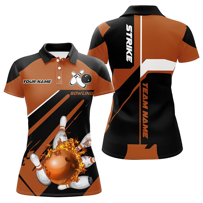 Women's Black & Orange Bowling Polo Shirt with Flame Design N7309