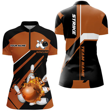 Women's Black/Orange Bowling Quarter Zip Shirt - Custom Flame Design N7309