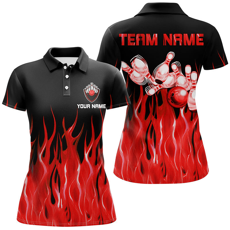 Red Flame Women's Bowling Polo Shirt - Black N7052