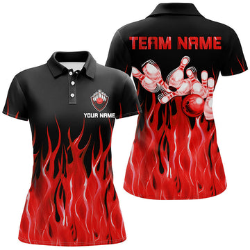 Red Flame Women's Bowling Polo Shirt - Black N7052