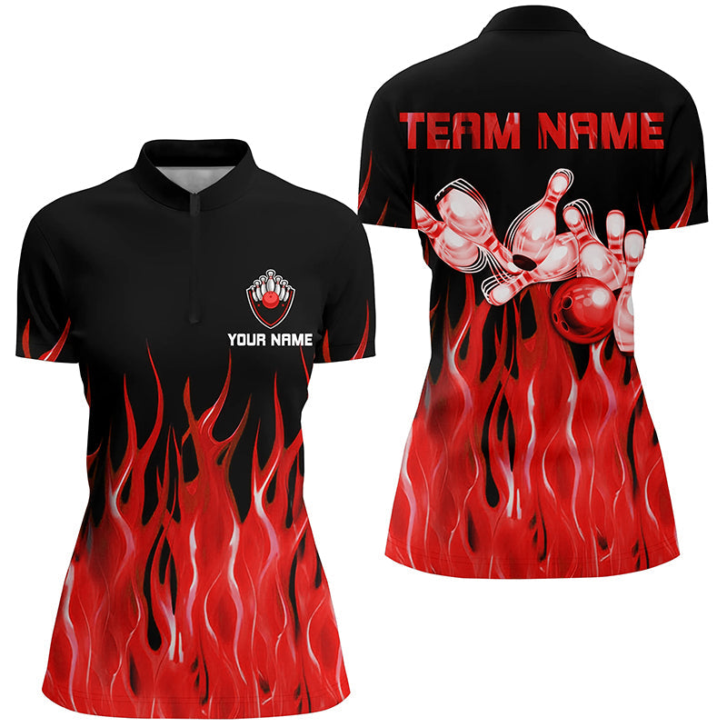 Women's Black Bowling Quarter-Zip Shirt with Red Flame Design N7052