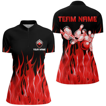 Women's Black Bowling Quarter-Zip Shirt with Red Flame Design N7052