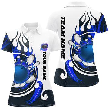 Women's White Bowling Polo Shirt with Custom Blue Flame Design N7166