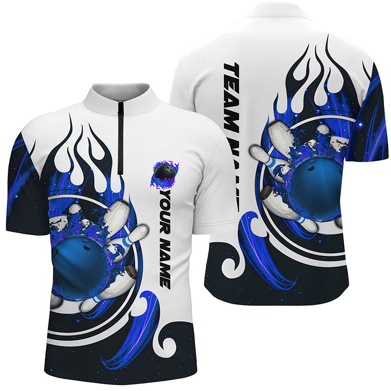 White Men's Bowling Quarter Zip Shirt with Blue Flame Design N7166