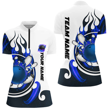 Women's White Bowling Quarter Zip Shirt with Blue Flame Design N7166