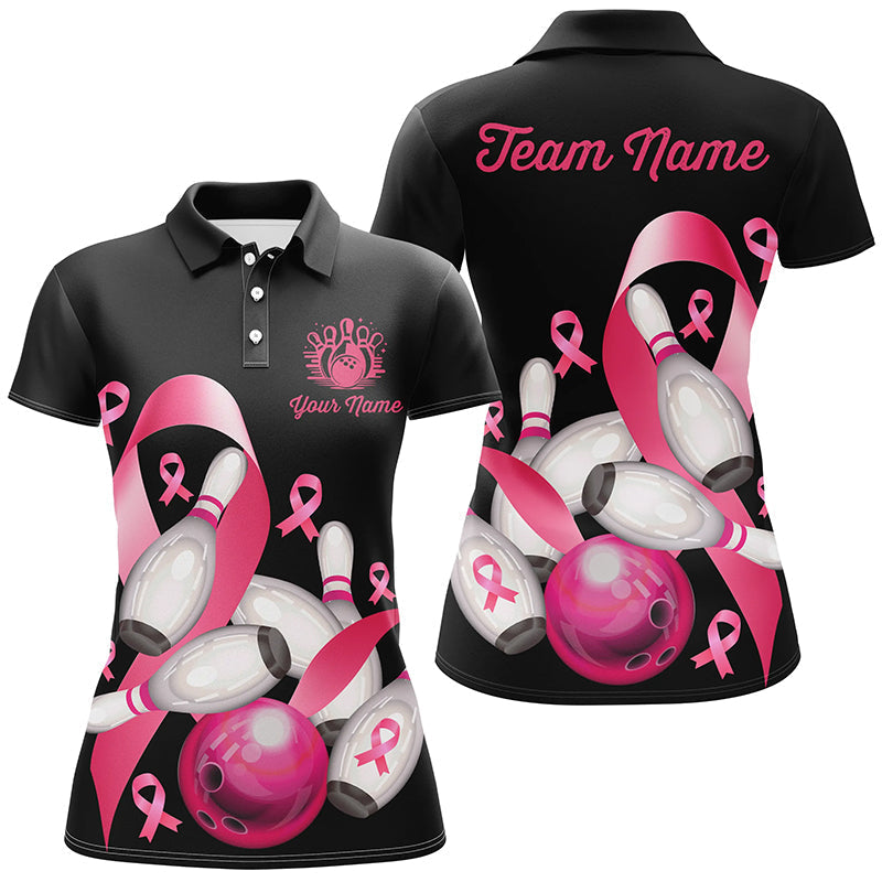 Pink Ribbons Women's Bowling Shirts - Custom Breast Cancer Awareness Black Jerseys N8308