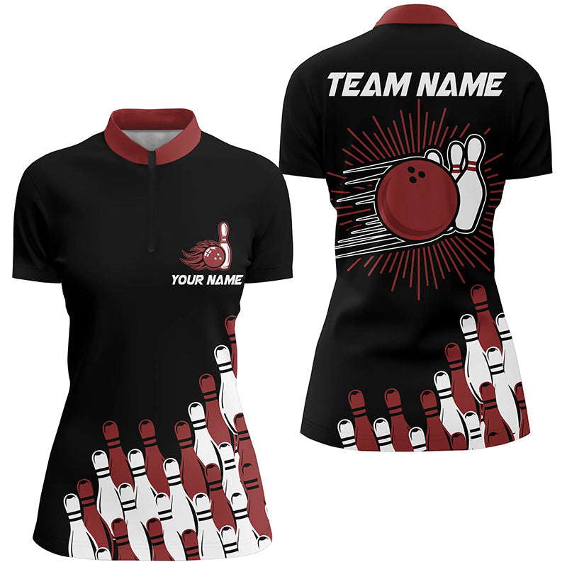 Black Retro Bowling Quarter Zip Shirt for Women | Custom Gift N7054
