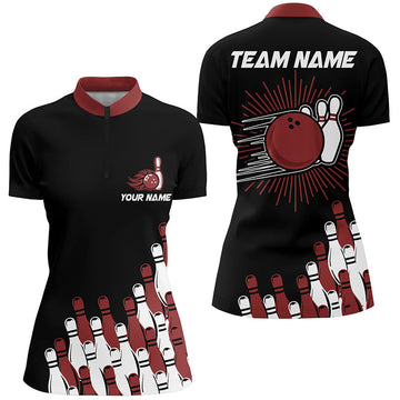 Black Retro Bowling Quarter Zip Shirt for Women | Custom Gift N7054