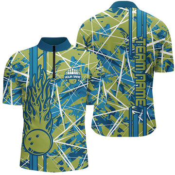 Green Camo Men's Quarter Zip Bowling Shirt N7508