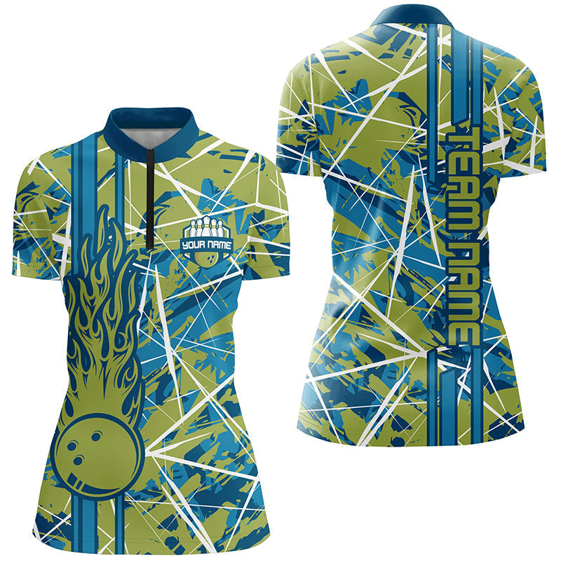 Green Camo Women's Quarter Zip Bowling Shirt N7508